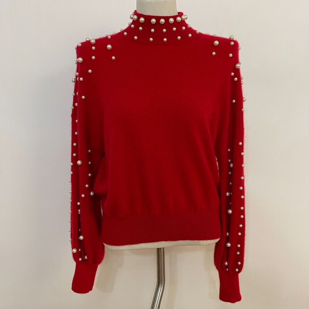 Charter Club Sweater Luxury 100% Cashmere Large‎ Red Faux White Pearls